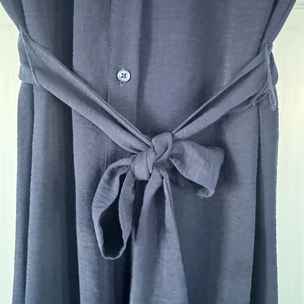 DKNY Navy Midi Shirt Dress Size 2 Belted Button Front Sleeveless Minimalist - Picture 6 of 10